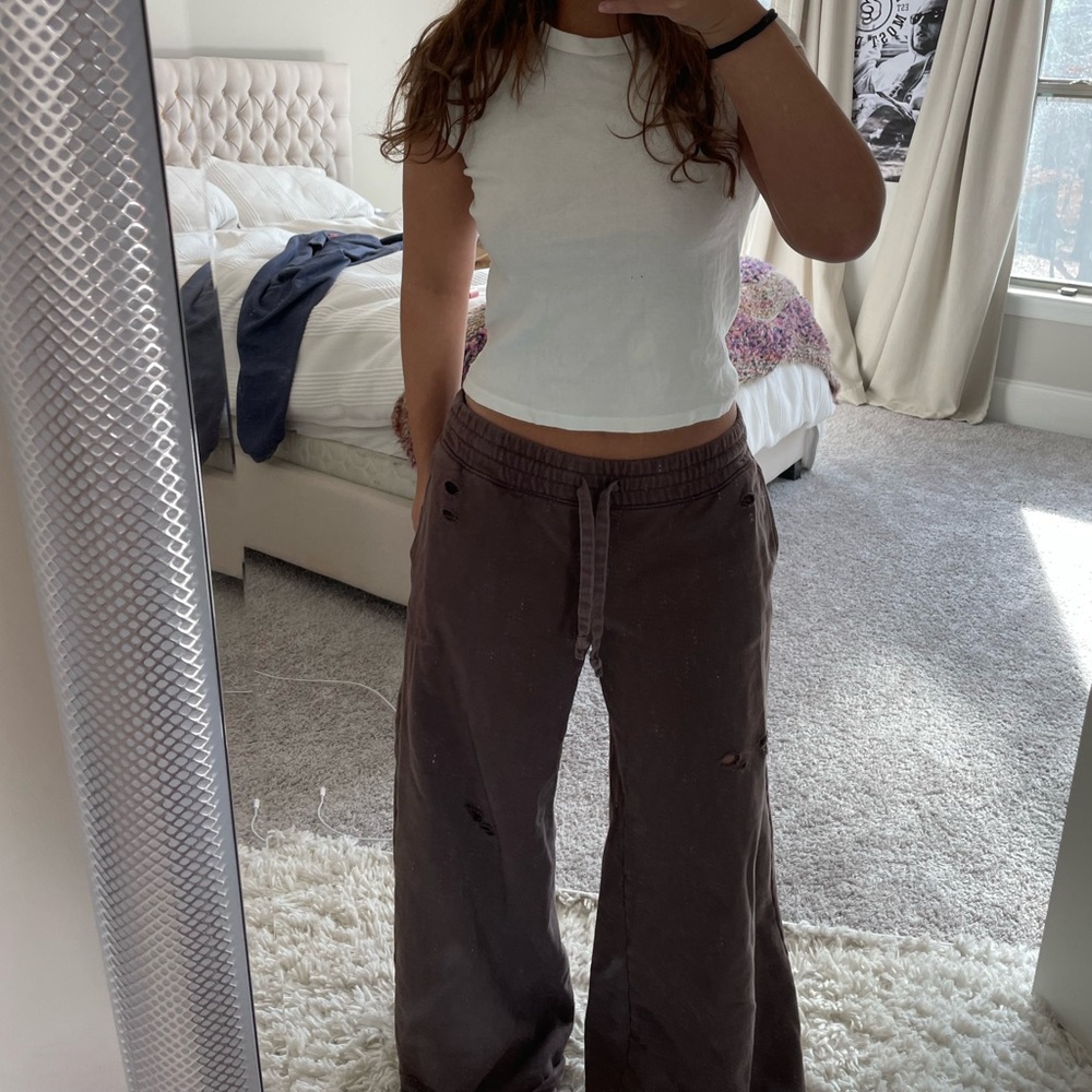 Aerie Wide Leg Distressed Skater Sweatpants in Brown